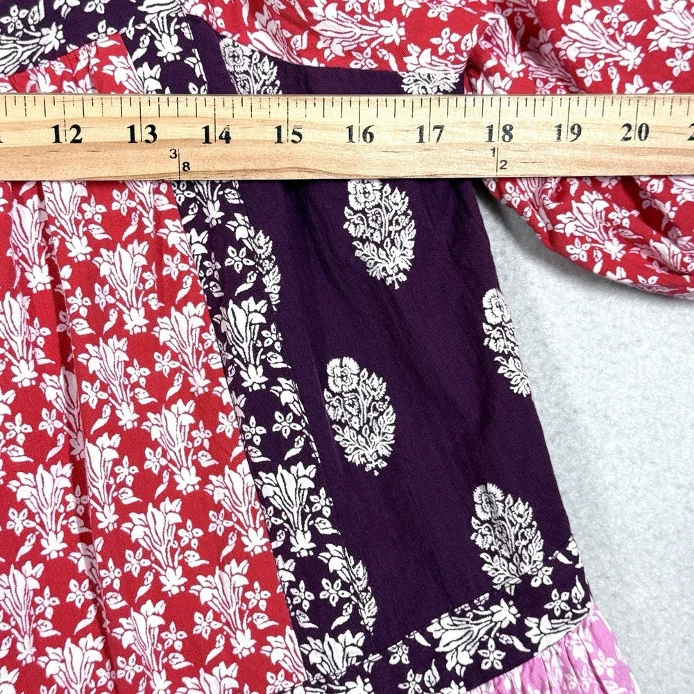 Maeve Dress‎ Womens XS Patchwork Square Neck Tape Detail Midi Peasant Cottage